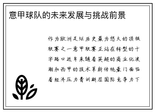 意甲球队的未来发展与挑战前景