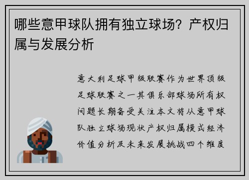 哪些意甲球队拥有独立球场？产权归属与发展分析