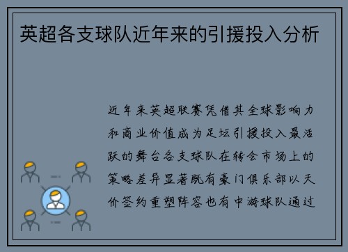 英超各支球队近年来的引援投入分析