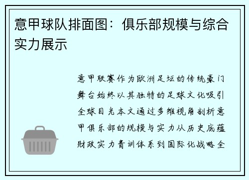 意甲球队排面图：俱乐部规模与综合实力展示
